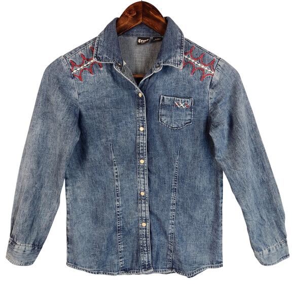 CRUEL GIRL LONG SLEEVE DENIM WESTERN SNAP SHIRT IN INDIGO GIRLS L/10 EUC - Picture 1 of 14